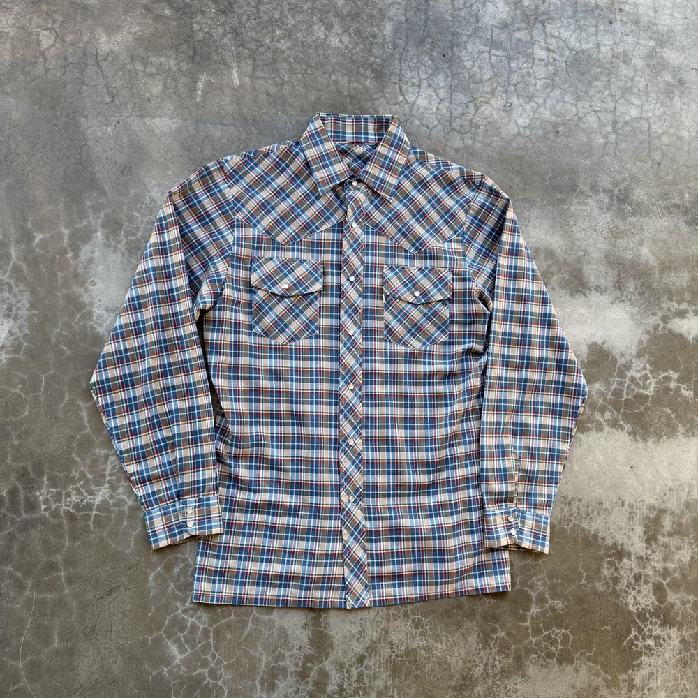 Vintage 70's Levis E Plaid Western Shirt S/M Blue Pearl Snap Long Sleeve Cowboy